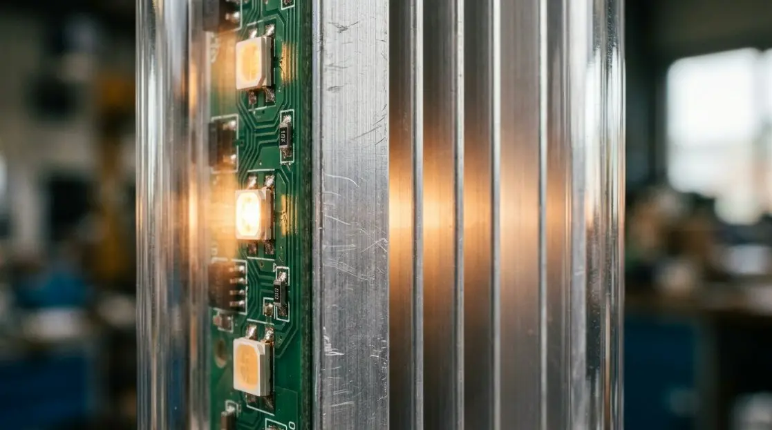A technical diagram illustrating thermal dissipation flow from the LED PCB through the aluminum heatsink and out of the PC tube.