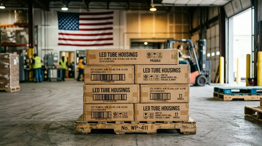 A logistics-themed image showing packed boxes of LED tube housings ready for export to the United States with a US flag in the background.