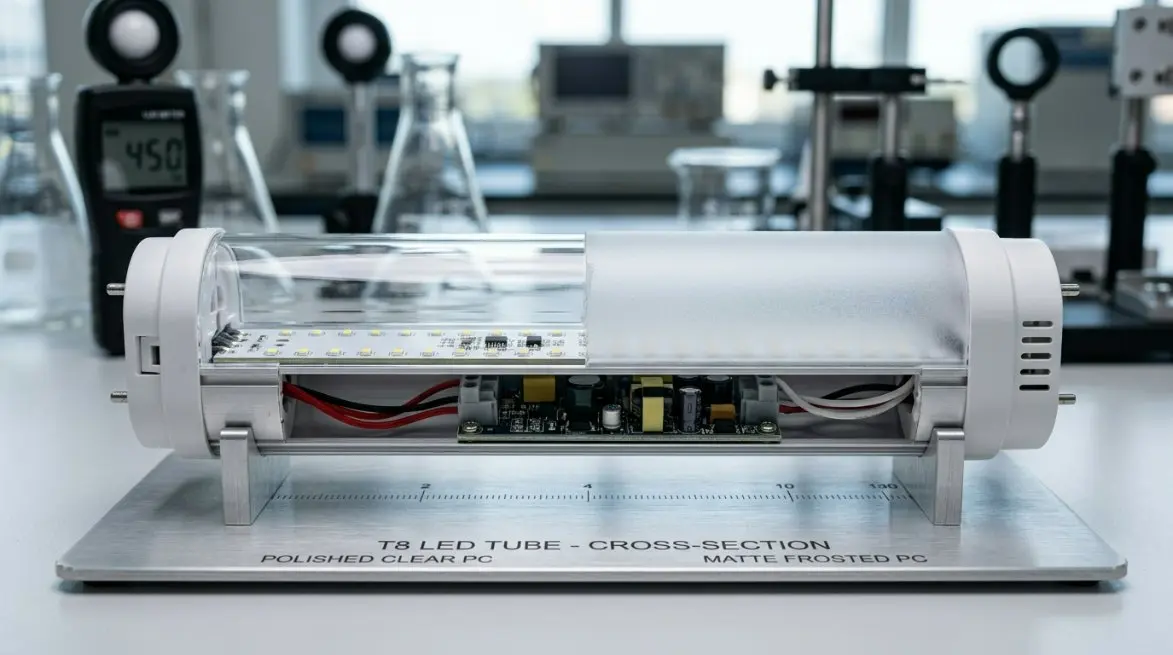 A high-resolution product showcase of a premium LED T8 plastic tube housing showing its internal 12x1mm PCB slot, built-in driver compartment, and clear vs frosted polycarbonate diffusion layers under professional laboratory lighting.