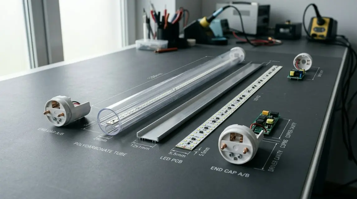 An exploded 3D technical drawing of a JE T8 plastic tube housing showing the exact measurements of the 12x1mm PCB board slot, end caps, and built-in driver cavity.